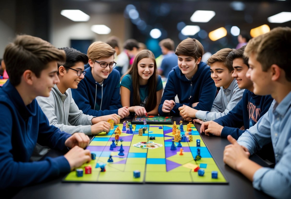 A group of teenagers gathered around a table, engaged in a lively board game tournament, with colorful game pieces and dice scattered across the board