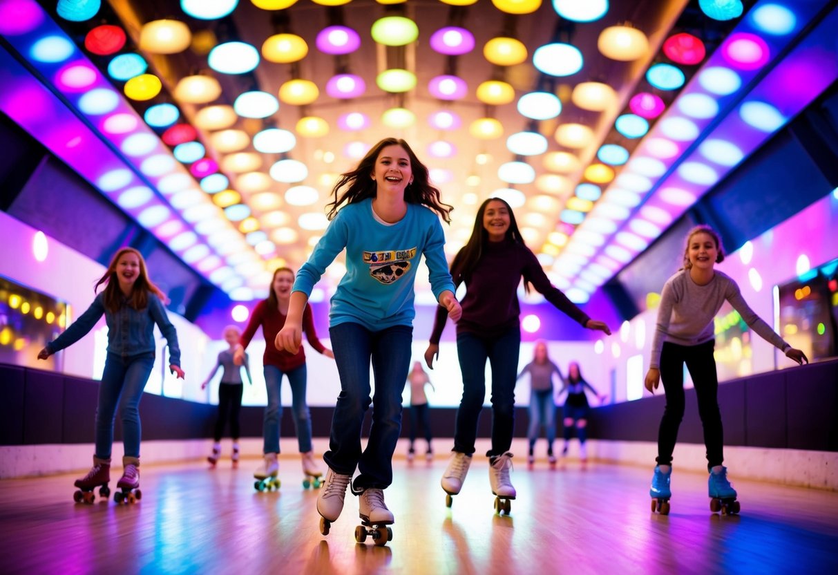 A brightly lit roller skating rink filled with colorful disco lights, teenagers gliding and laughing, with upbeat music playing in the background