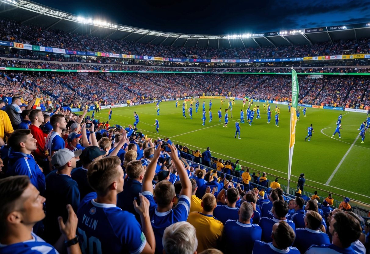 A crowded stadium filled with cheering fans, colorful banners, and players on the field competing in a local sports game