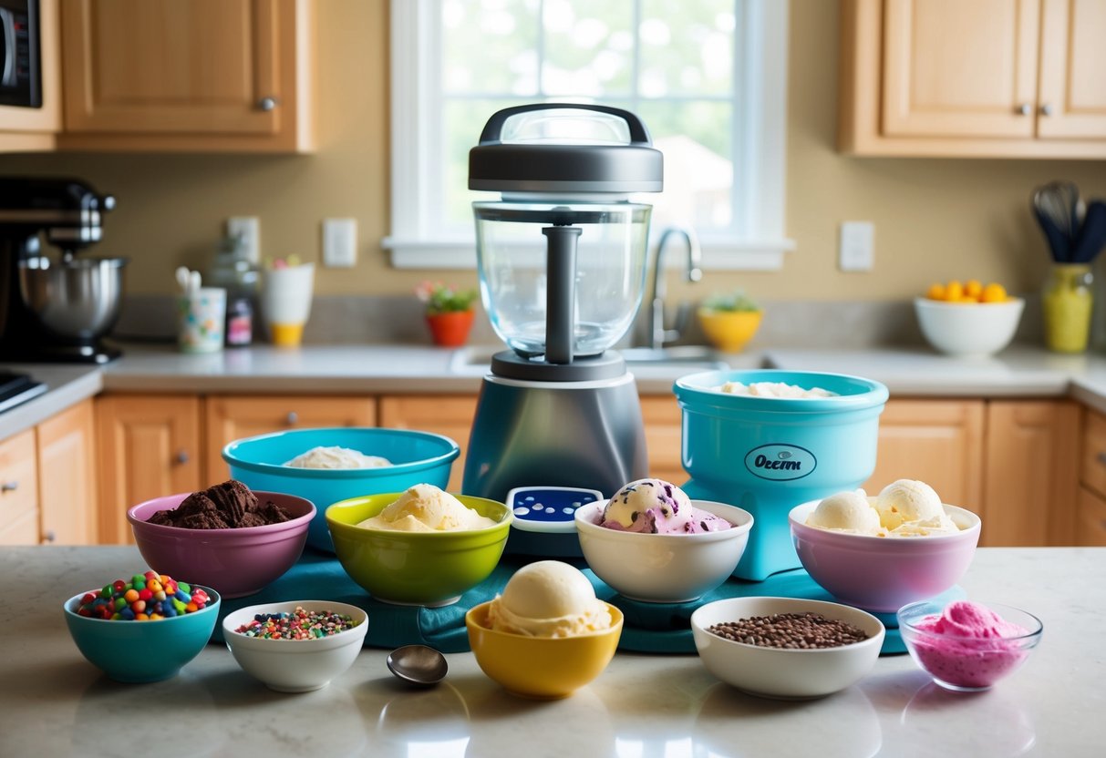 A colorful array of ice cream ingredients spread out on a kitchen counter, including bowls of various toppings and flavors, with a mixing bowl and ice cream maker ready for use