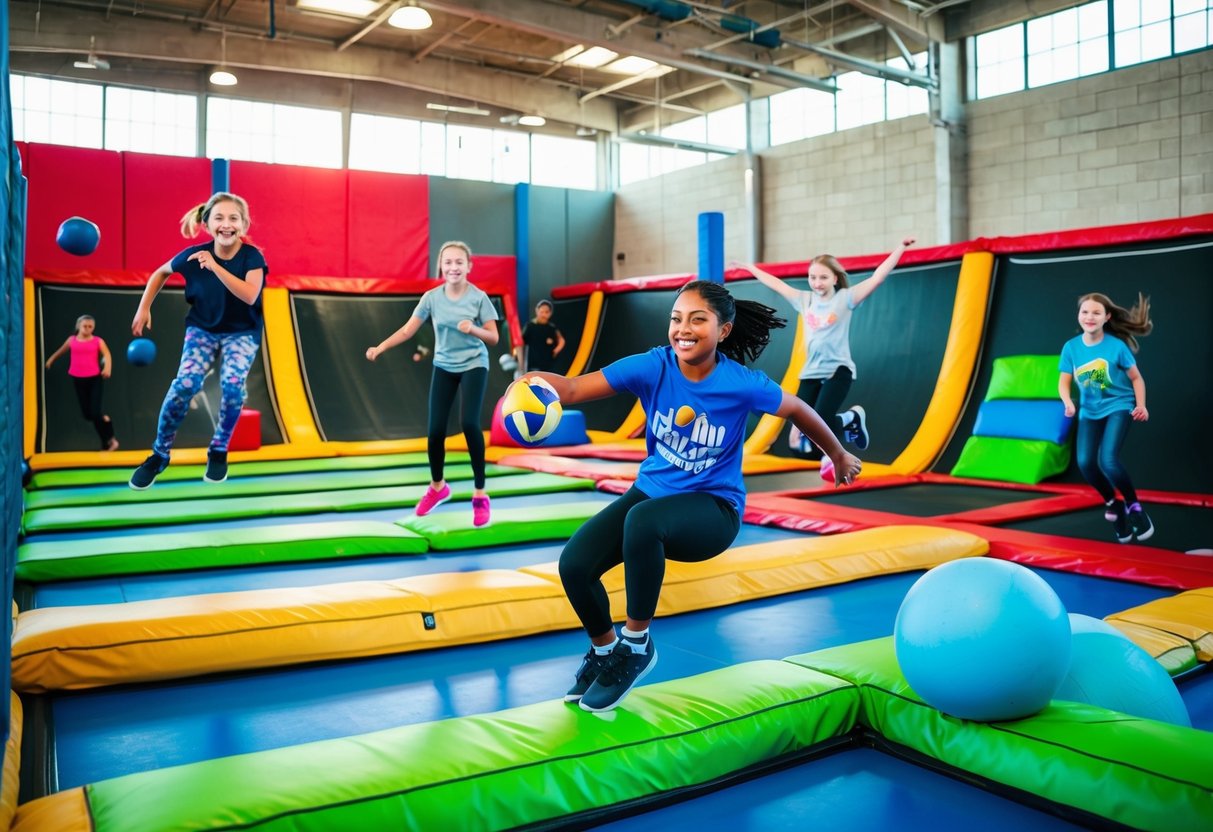 Teens bounce and flip on trampolines, play dodgeball, and leap into foam pits at a vibrant trampoline park
