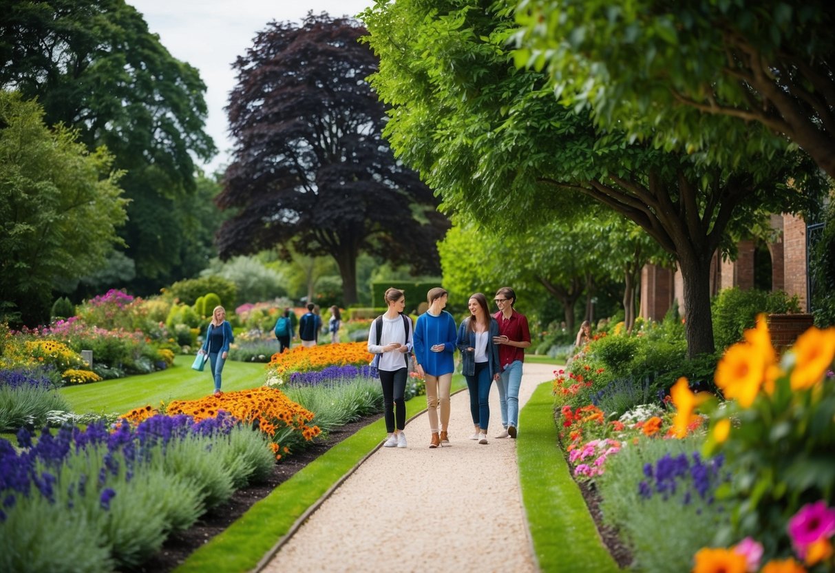 Lush garden paths wind past vibrant flowers and towering trees, with teenagers strolling and chatting in the peaceful surroundings