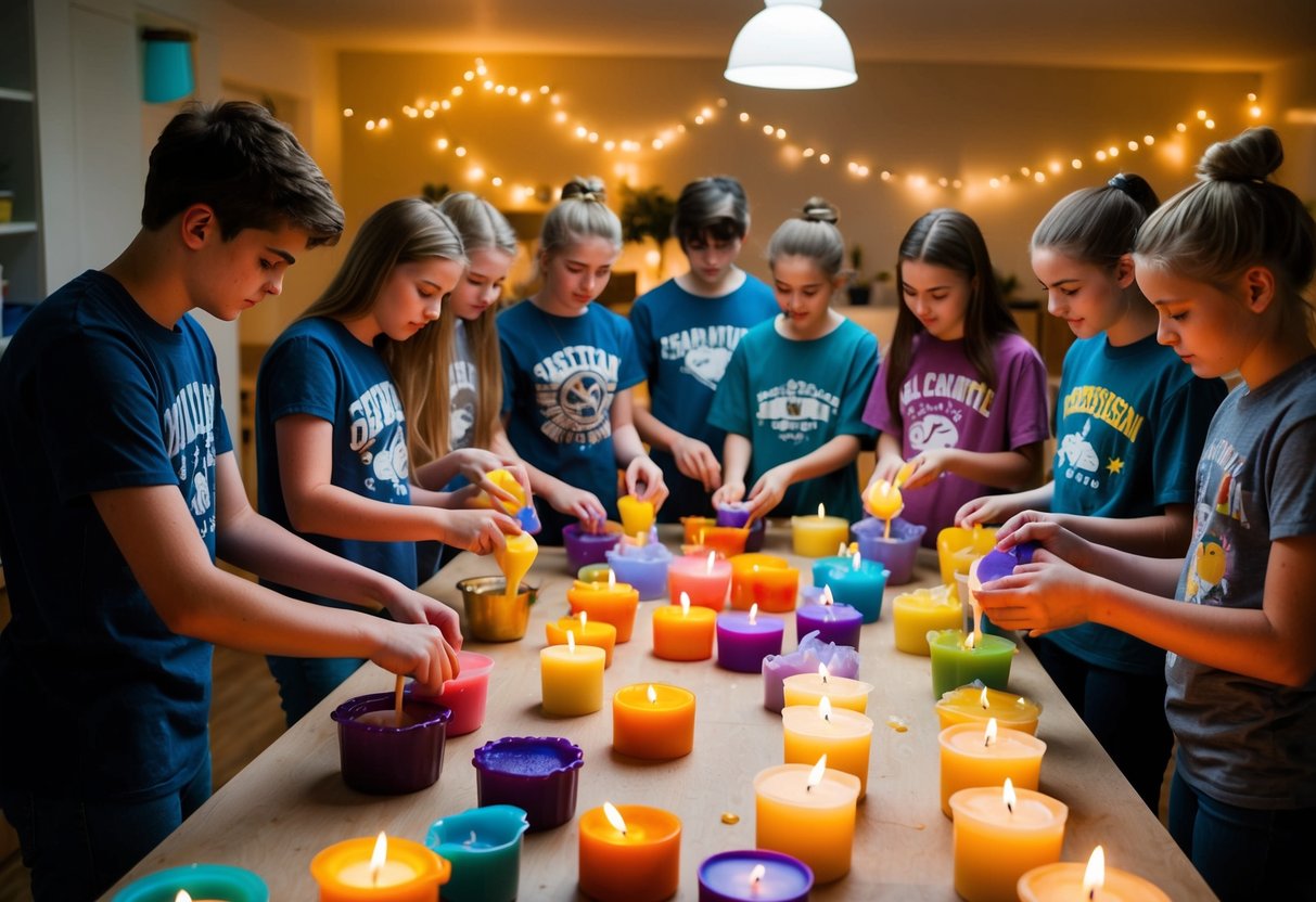 A group of teens gather around a table, each carefully pouring colorful wax into different molds. The room is filled with the warm glow of candles in various shapes and sizes