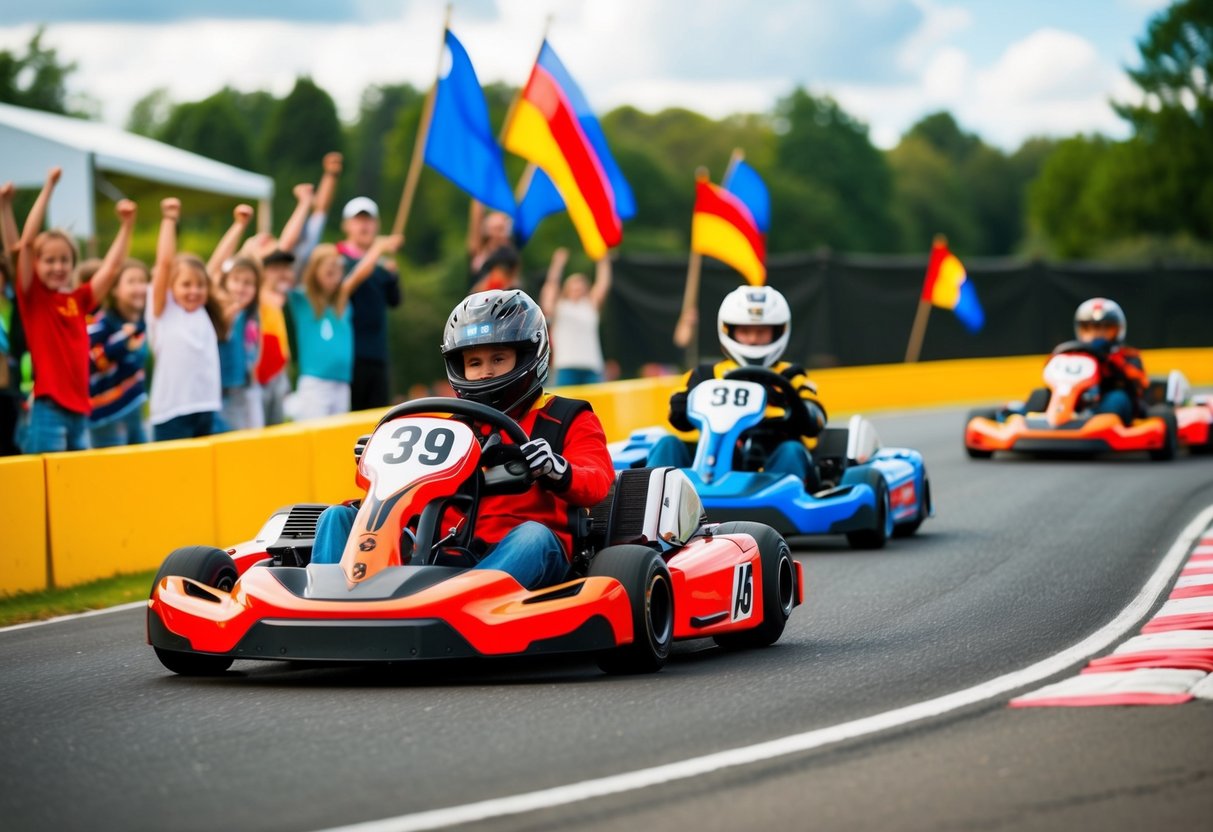 Teenagers racing go-karts around a winding track, with colorful flags and cheering spectators in the background