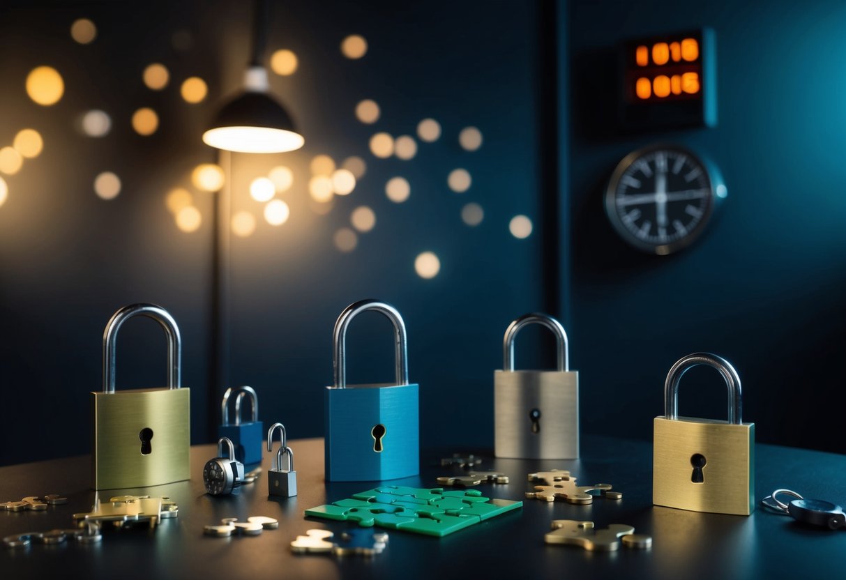 A dimly lit room with various puzzles and locks, a countdown timer on the wall, and a sense of urgency in the air