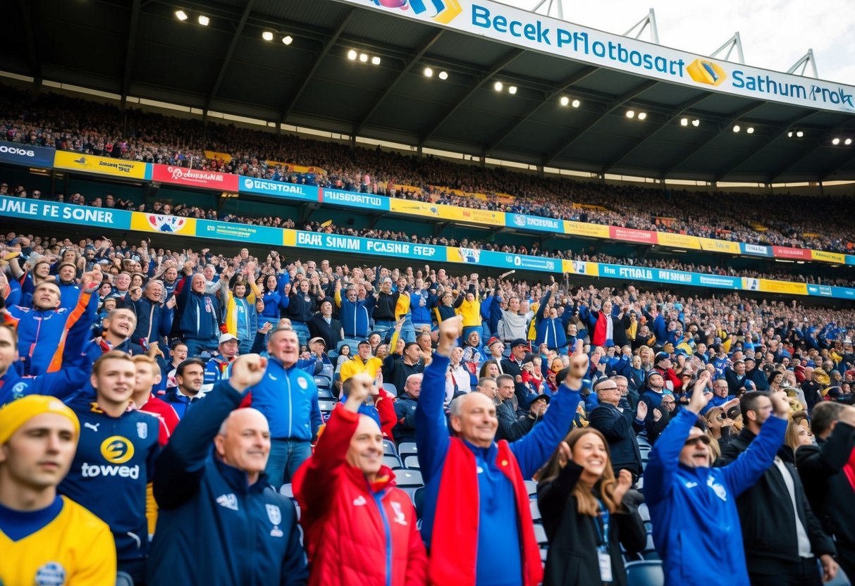 Crowded stadium seats, colorful banners, and cheering fans fill the background as players compete on the field