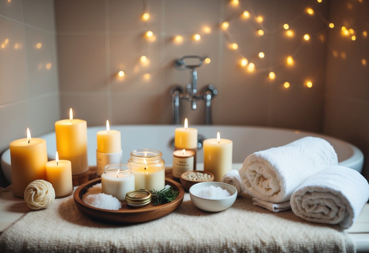 A cozy bathroom with candles, bath salts, and fluffy towels set up for a relaxing spa day. A tray of homemade face masks and natural skincare products is ready for use
