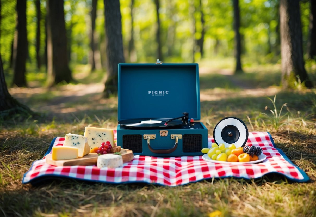 A cozy picnic in a sun-dappled forest clearing, with a checkered blanket, vintage record player, and a spread of artisanal cheeses and fruits
