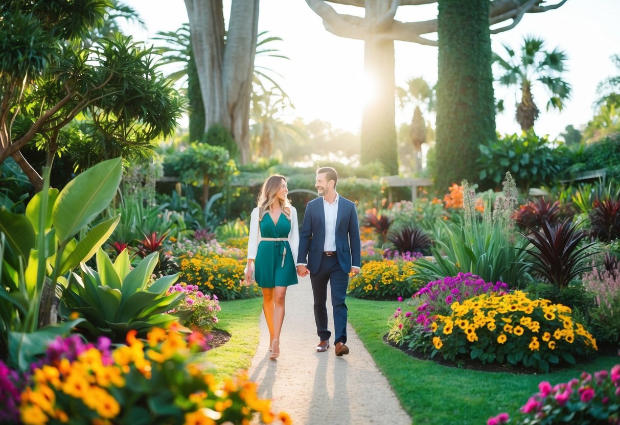 A couple strolls through a lush botanical garden, surrounded by colorful flowers and towering trees. The sun casts a warm glow on the scene, creating a romantic and peaceful atmosphere