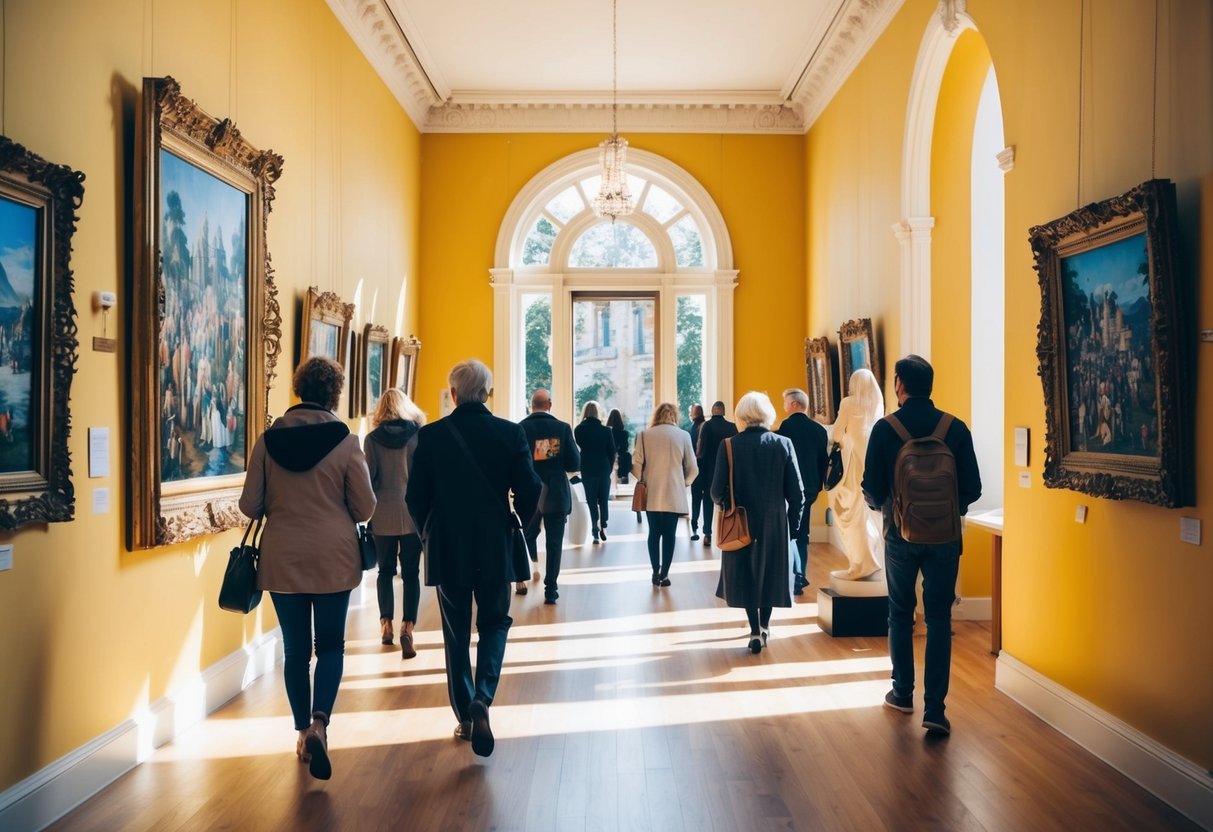 Sunlit gallery with ornate frames and vibrant paintings. People stroll, admiring sculptures and intricate artwork. Peaceful ambiance