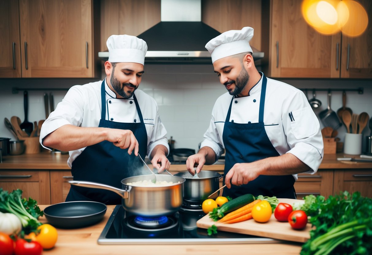 A cozy kitchen with two chefs working side by side, surrounded by pots, pans, and fresh ingredients. A bubbling pot on the stove and a cutting board with colorful vegetables complete the scene