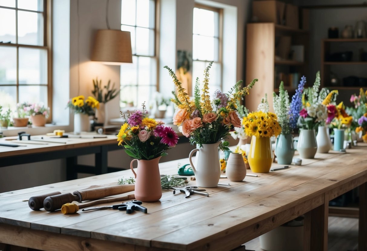 A cozy workshop space with a long wooden table adorned with an array of colorful flowers, vases, and tools. Soft natural light filters through the windows, creating a warm and inviting atmosphere