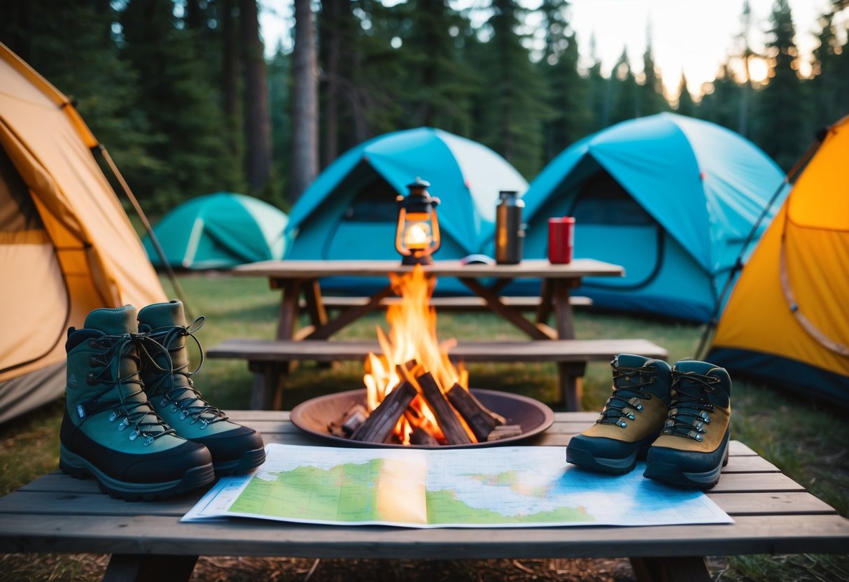 A cozy campfire surrounded by tents and a picnic table with a lantern, hiking boots, and a map laid out