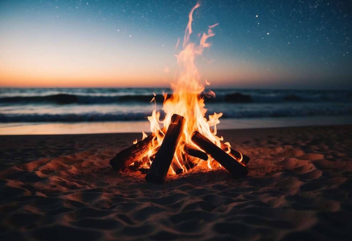 A beach bonfire crackles under a starlit sky, casting a warm glow on the sand. Waves gently roll in as the scent of saltwater mingles with the smoky aroma of the fire