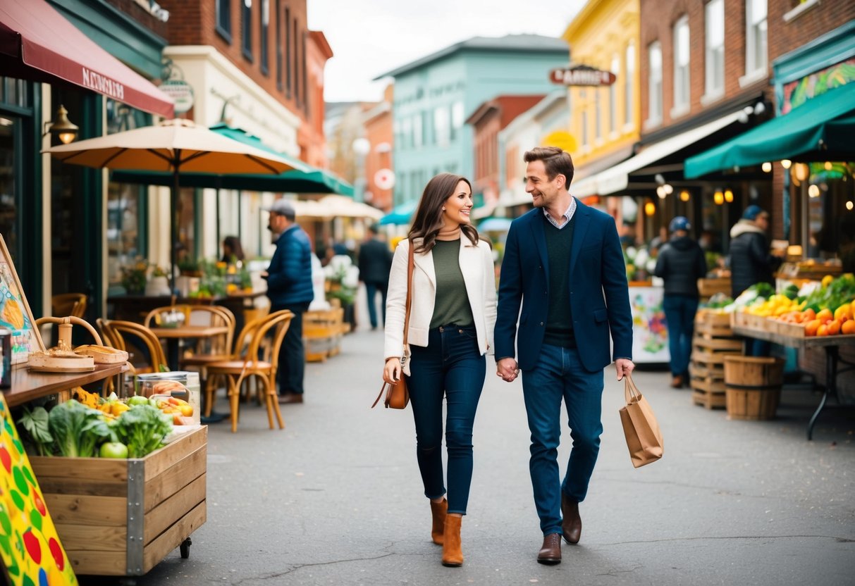A couple strolling through a charming neighborhood with cozy cafes, colorful street art, and a bustling farmers' market