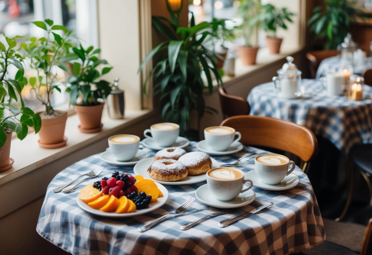 A cozy vintage cafe with checkered tablecloths, potted plants, and soft lighting. A spread of brunch items like pastries, coffee, and fresh fruit on the table