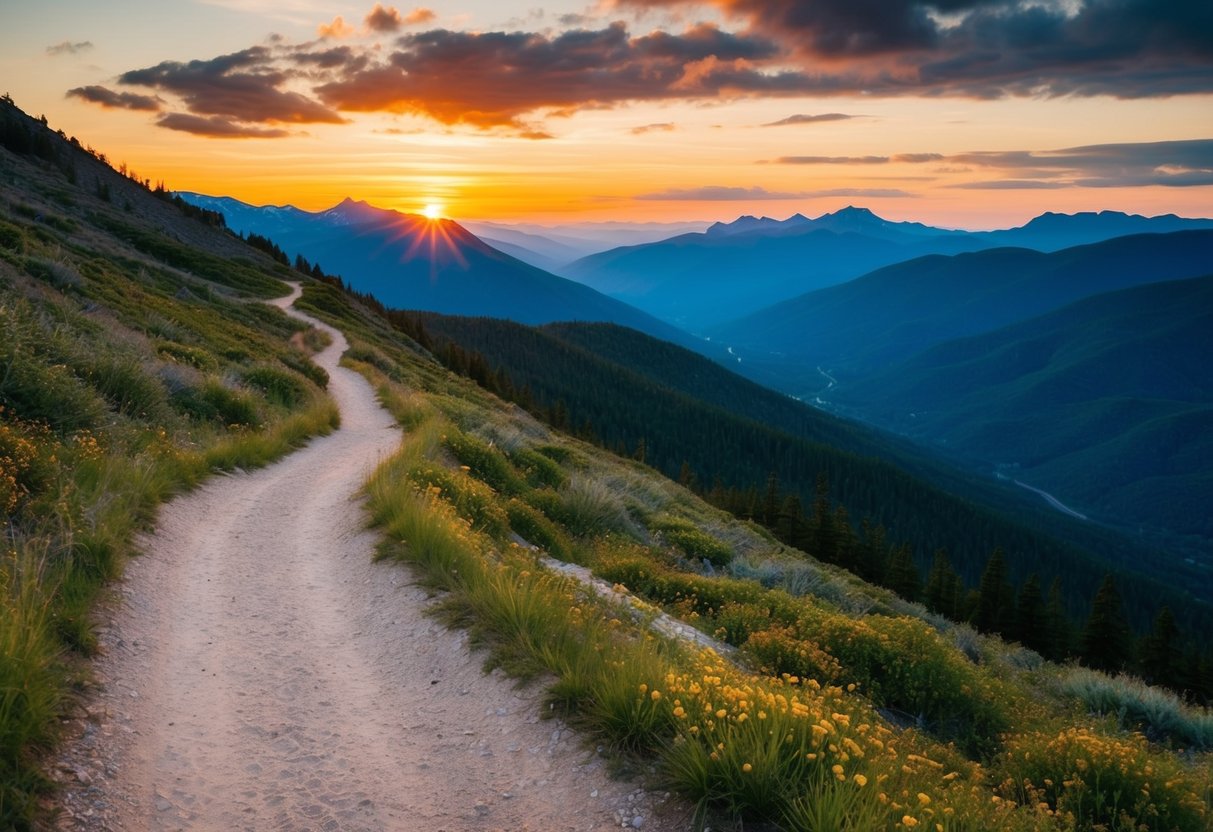 A winding trail leads to a breathtaking overlook, with mountains and a colorful sunset in the distance