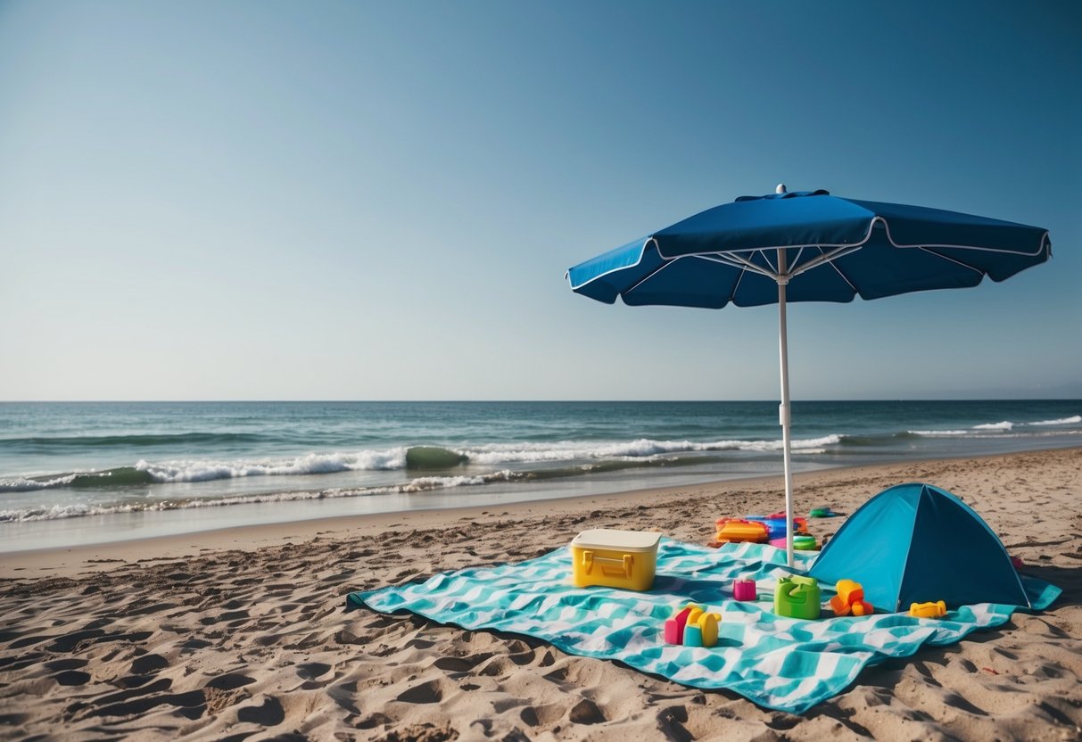 A serene beach scene with a picnic blanket, umbrella, and beach toys scattered around. Waves gently lapping the shore with a clear blue sky overhead