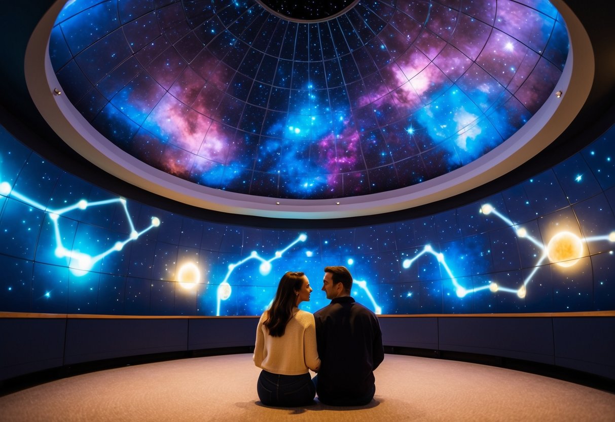 A couple sits beneath a domed ceiling filled with twinkling stars and colorful nebulae, surrounded by glowing constellations projected onto the walls of the planetarium