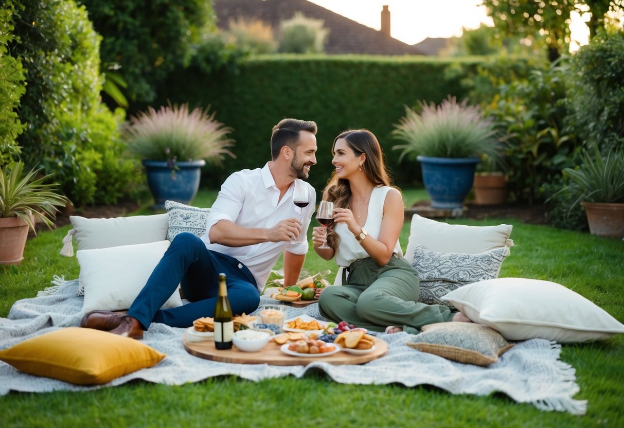 A couple picnicking in a lush backyard, surrounded by cozy blankets and pillows, with a spread of gourmet snacks and a bottle of wine