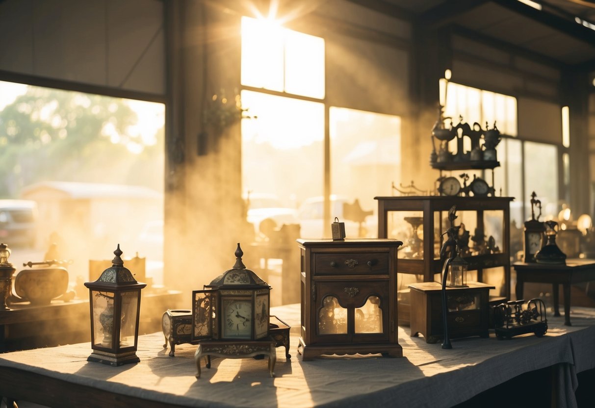 An old-fashioned market stall with vintage trinkets and furniture. Sunlight filters through the dust, casting a warm glow on the aged items