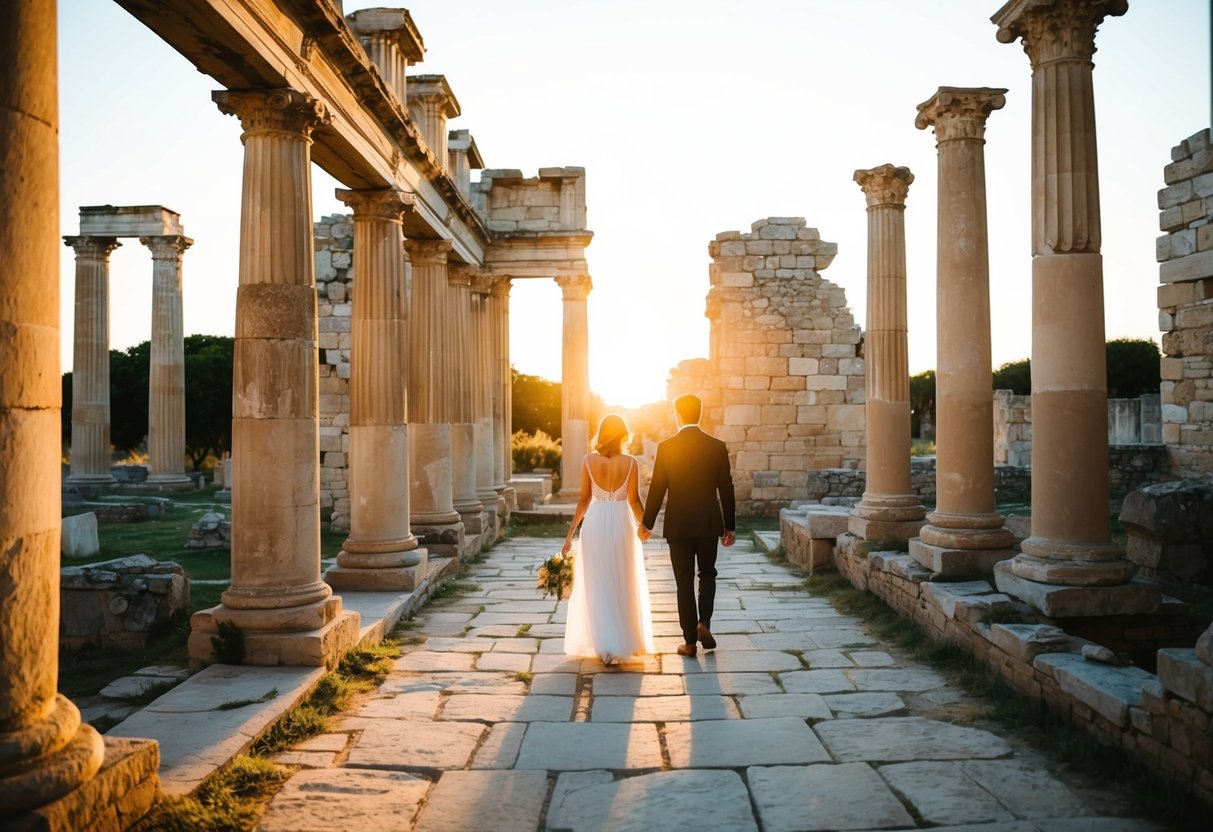 A couple walks through ancient ruins, surrounded by towering stone columns and crumbling archways. The warm glow of the setting sun bathes the scene in a romantic light