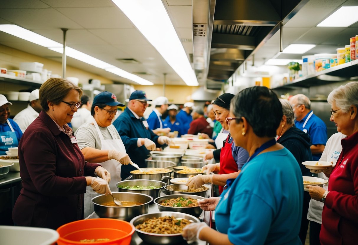 A bustling soup kitchen with volunteers serving meals to a diverse crowd