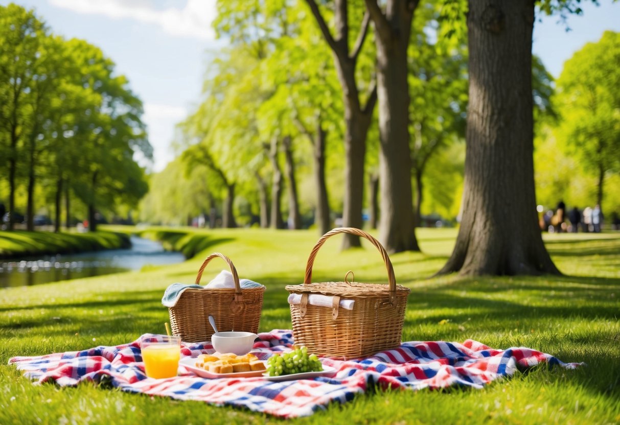 A sunny park with a checkered blanket, wicker basket, and scattered food items, surrounded by tall trees and a gentle stream