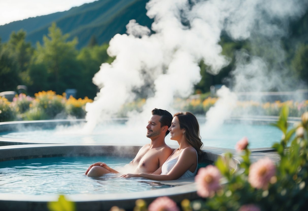 Steam rises from the soothing hot springs, surrounded by lush greenery and blooming flowers. A couple relaxes in the tranquil setting, enjoying a romantic date