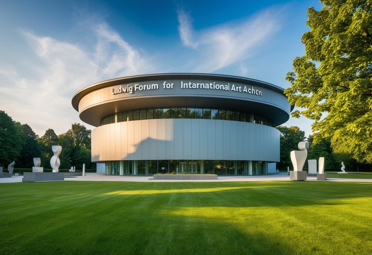 The Ludwig Forum for International Art in Aachen, with its modern architecture and outdoor sculptures, surrounded by lush greenery and a tranquil atmosphere