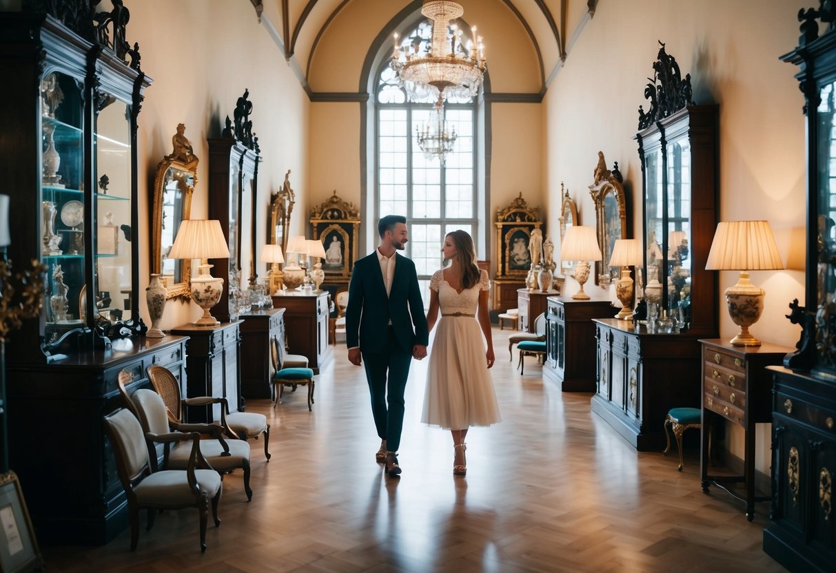 A couple strolling through the historic Couven Museum in Aachen, surrounded by antique furniture and decorative arts