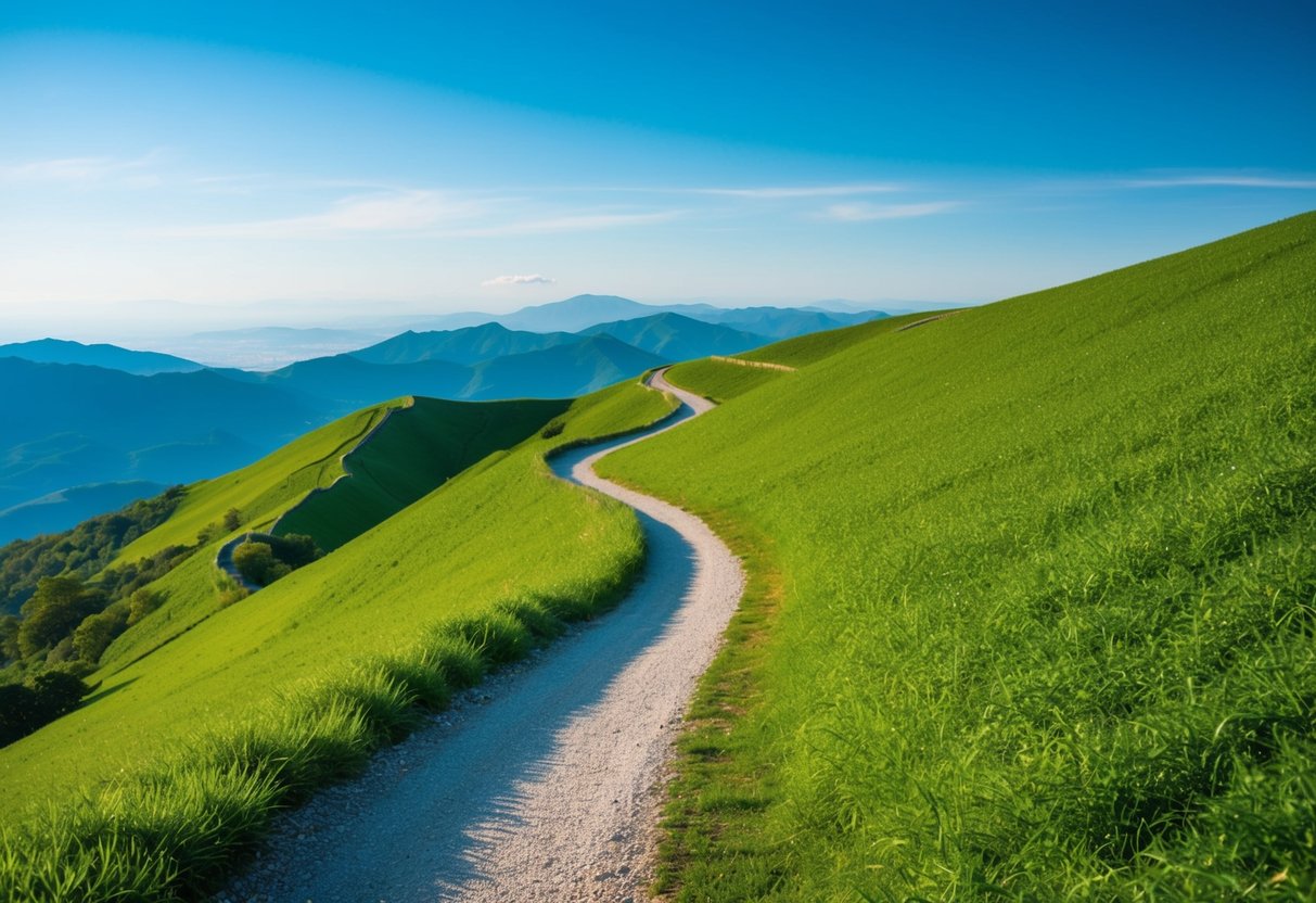 A winding trail through lush green hills with a view of distant mountains and a clear blue sky overhead