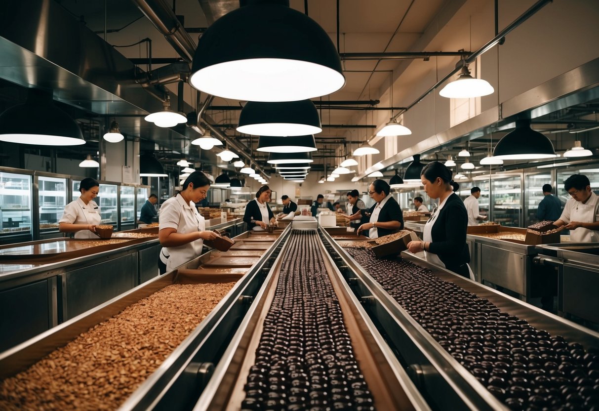 Visitors explore a bustling chocolate factory, filled with conveyor belts, vats of molten chocolate, and workers packaging sweets. Aroma of cocoa fills the air