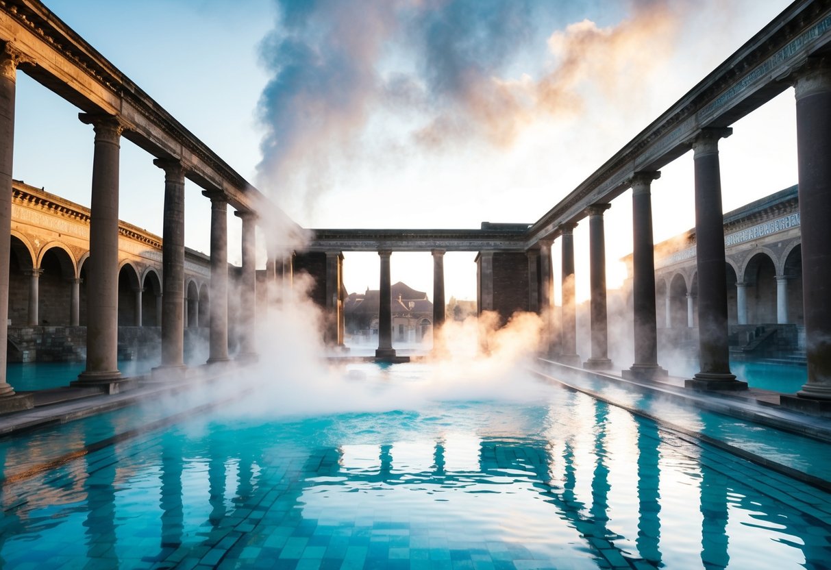 The Roman baths of Aachen, with steam rising from the hot pools, surrounded by ancient columns and intricate mosaics