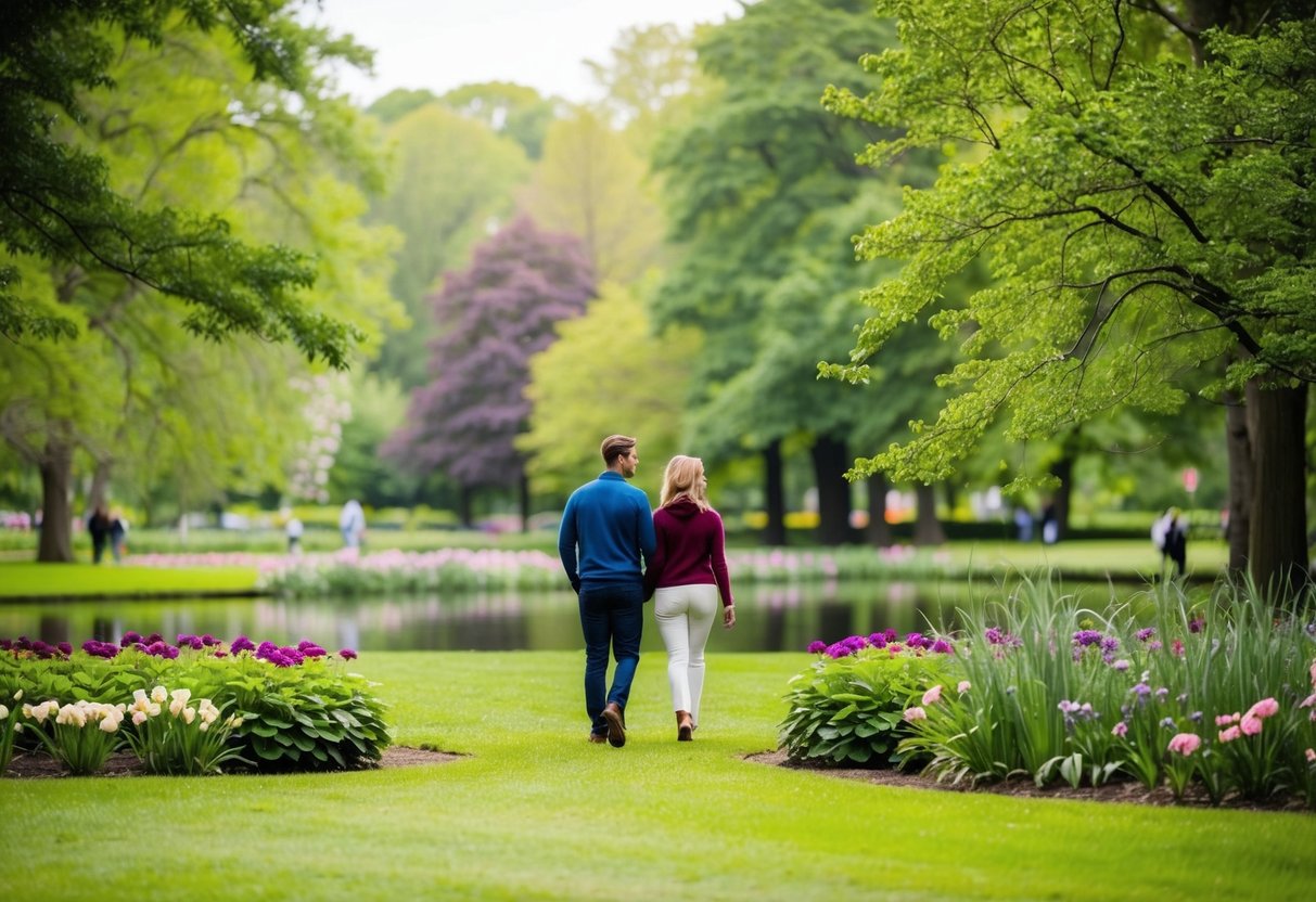 A couple strolls through Frankenberger Park, surrounded by lush greenery and vibrant flowers, pausing to admire a serene pond