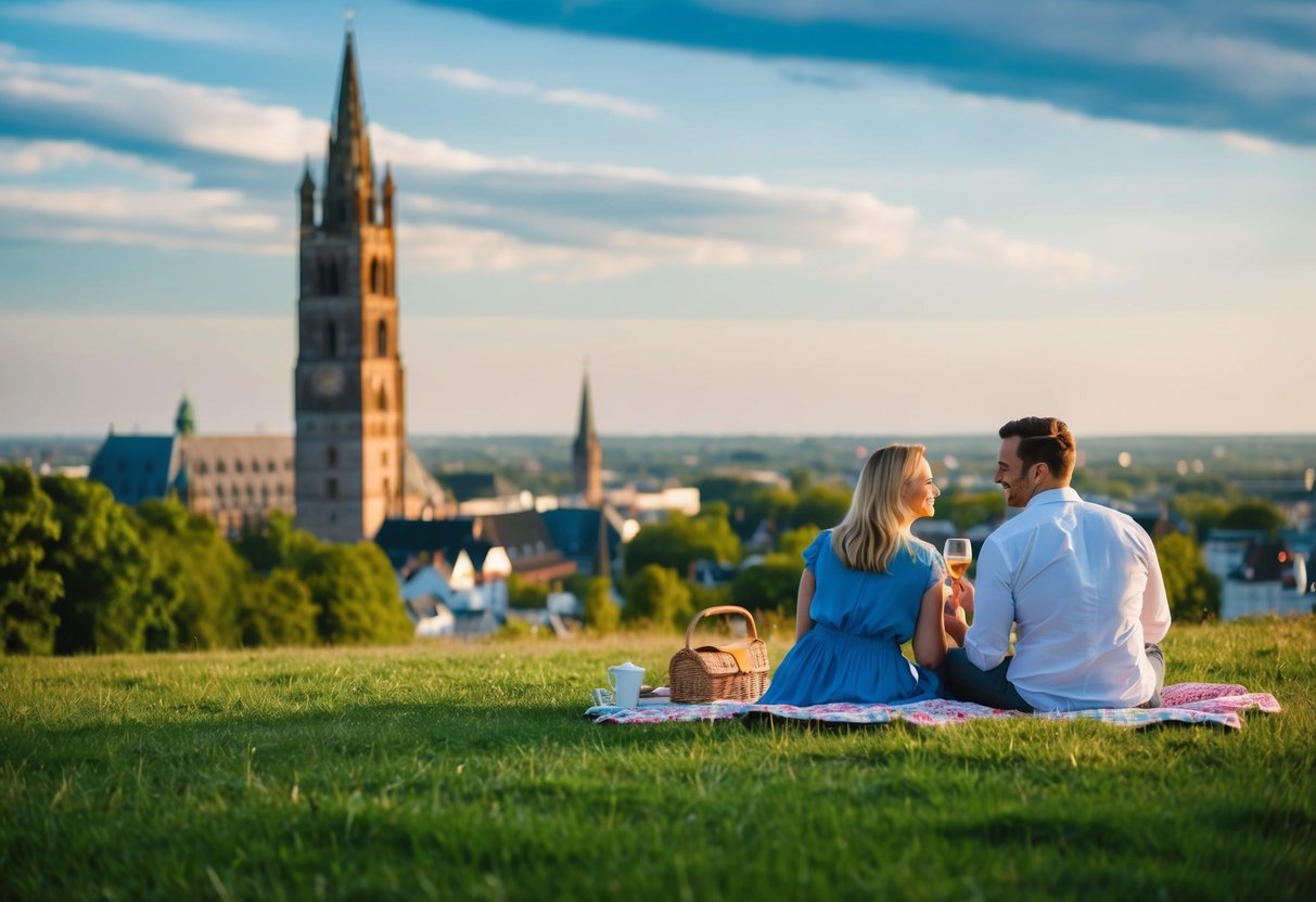 A couple picnics near Bismarckturm, overlooking Aachen's scenic landscape