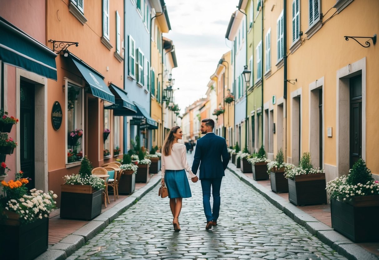 A charming cobblestone street lined with colorful buildings, outdoor cafes, and blooming flower boxes. A couple strolls hand in hand, enjoying the lively atmosphere