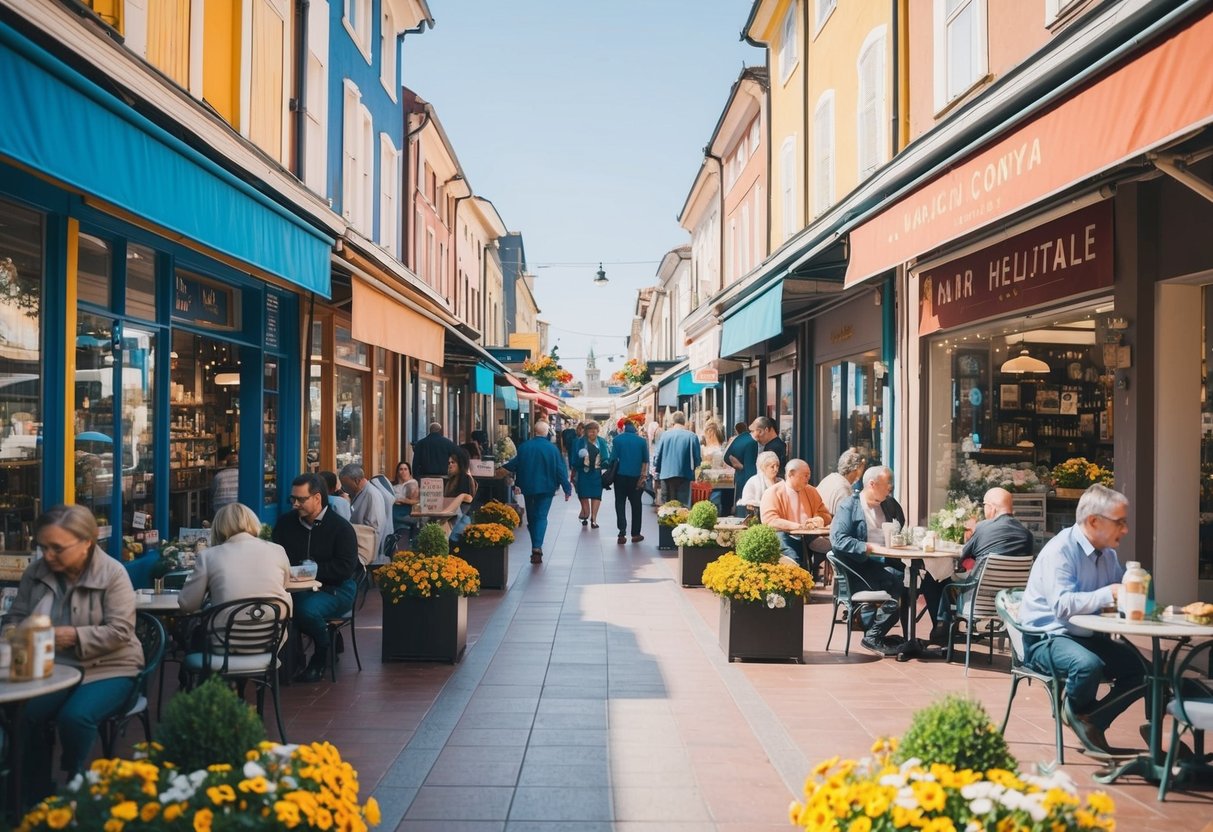 A bustling marketplace with colorful storefronts and people browsing through various goods. Outdoor seating at cafes and flower-filled planters line the pedestrian walkways