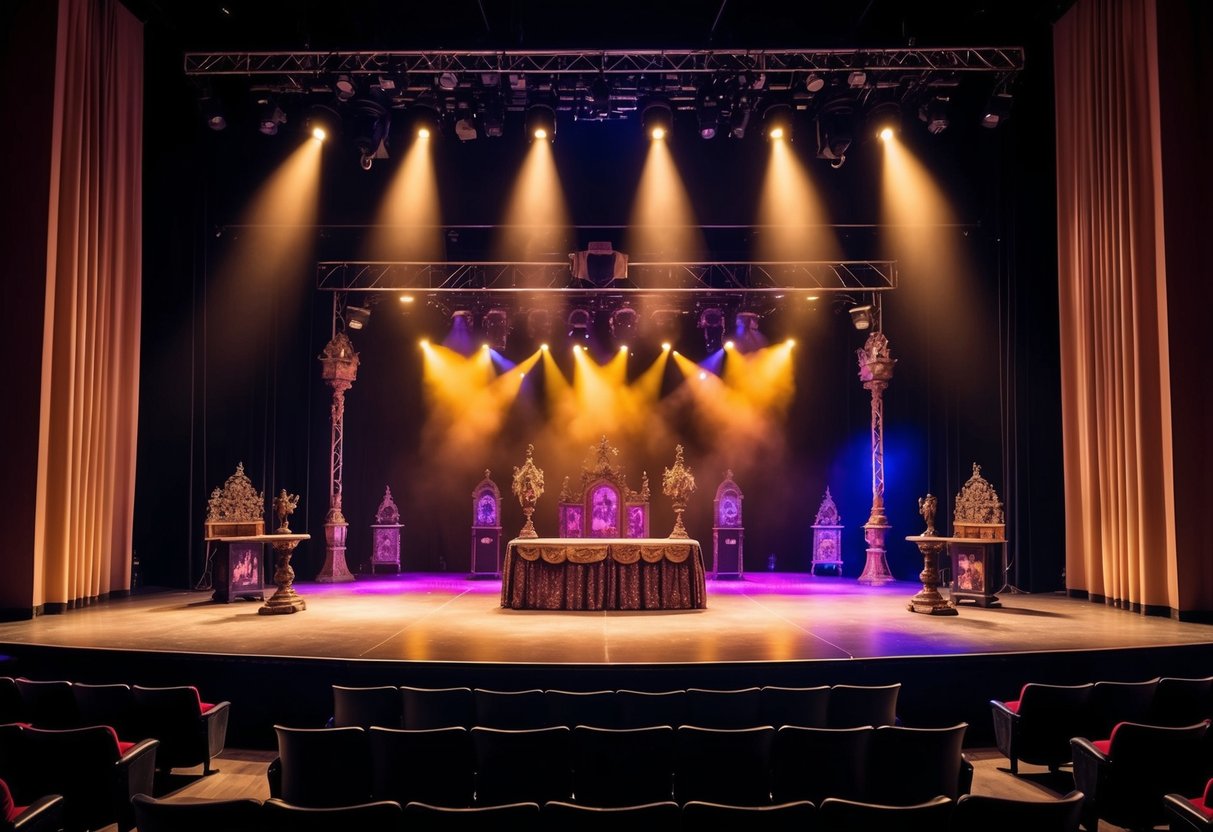 The stage is set with dramatic lighting and ornate props, creating a captivating atmosphere for a theatre performance in Aachen