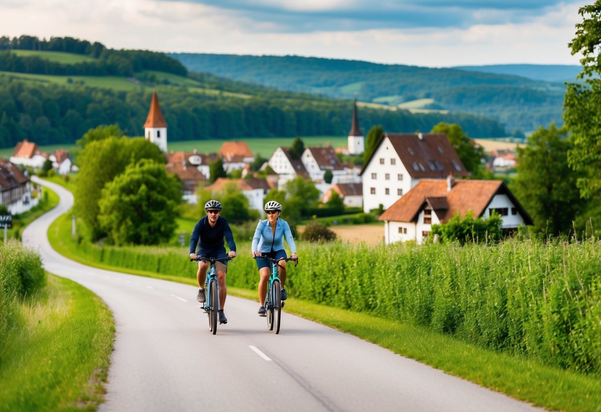 A couple bikes through lush countryside on Vennbahnweg, passing quaint villages and scenic vistas