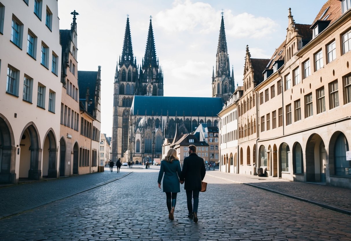 A couple strolls through the cobblestone streets of Aachen, passing by the historic Annuntiaten Church with its towering spires and intricate Gothic architecture