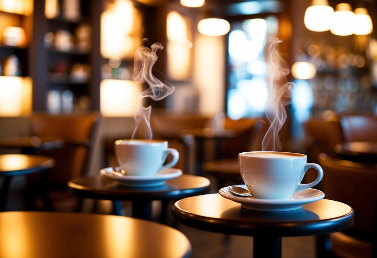 A cozy café with steaming coffee cups, small tables, and warm lighting