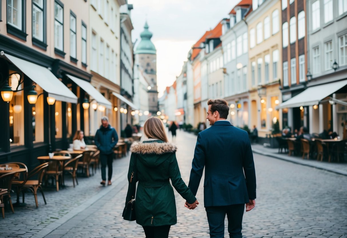 A couple strolling through the charming streets of Aarhus, passing by cozy cafes and historic buildings under the soft glow of street lamps
