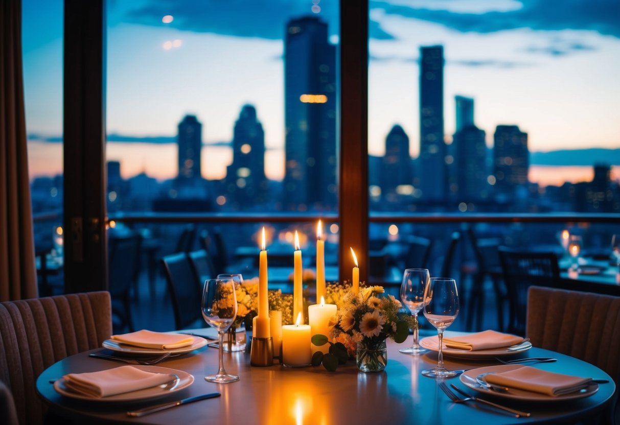 A cozy table set with candles and flowers at a dimly lit restaurant, with a view of the city skyline through the window