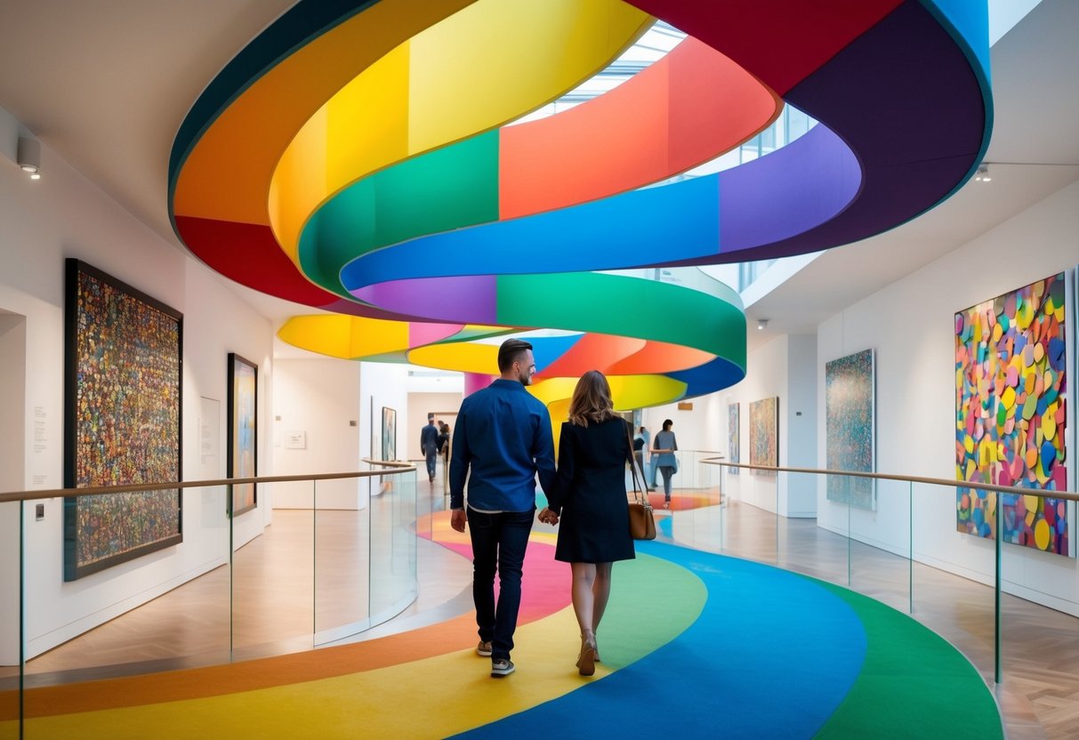 A couple walks through the colorful, spiraling rainbow walkway at ARoS Aarhus Art Museum, surrounded by vibrant artworks