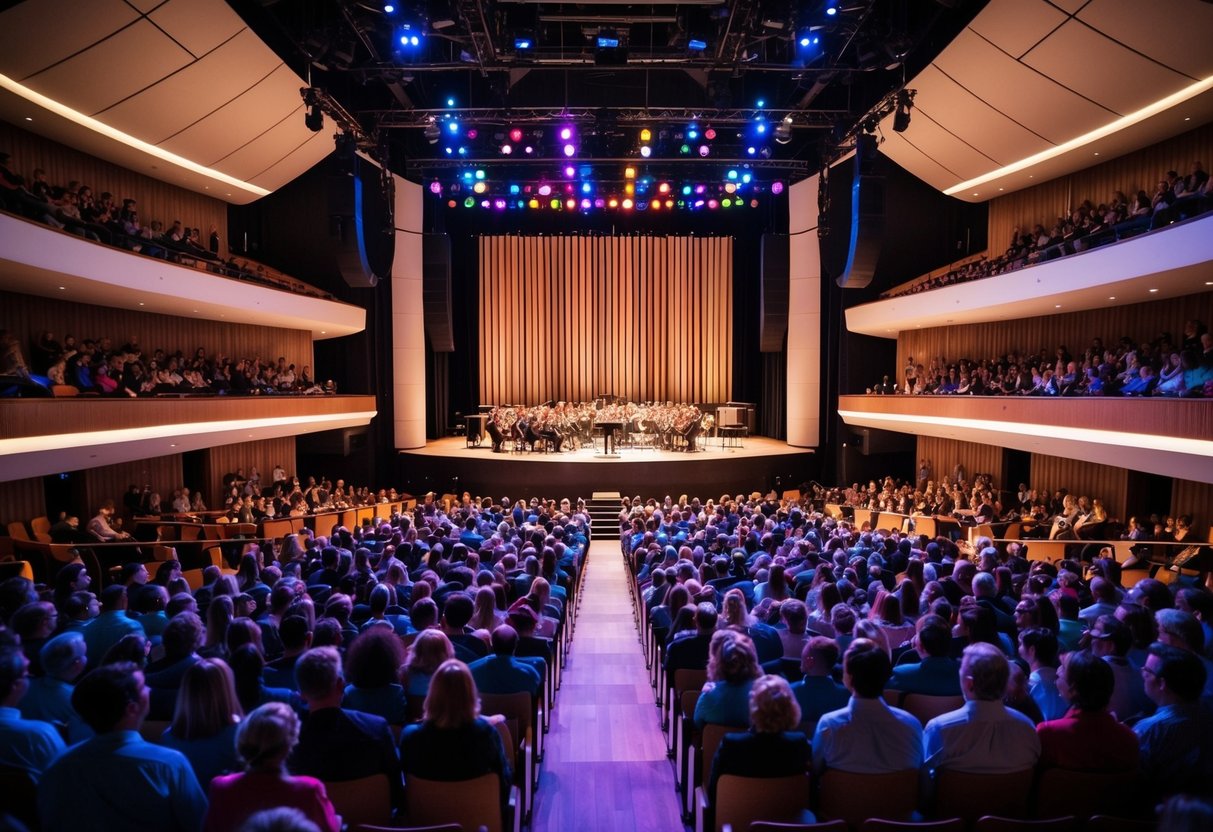 The concert hall is filled with people, the stage is lit up with colorful lights, and the sound of music fills the air at Musikhuset Aarhus