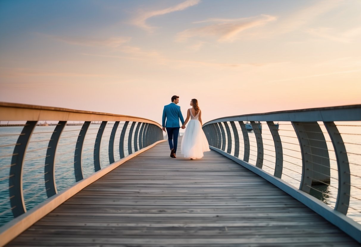 A couple strolls hand in hand along the curved, wooden planks of the Infinite Bridge, overlooking the calm waters below. The soft glow of the setting sun casts a warm, romantic ambiance over the scene