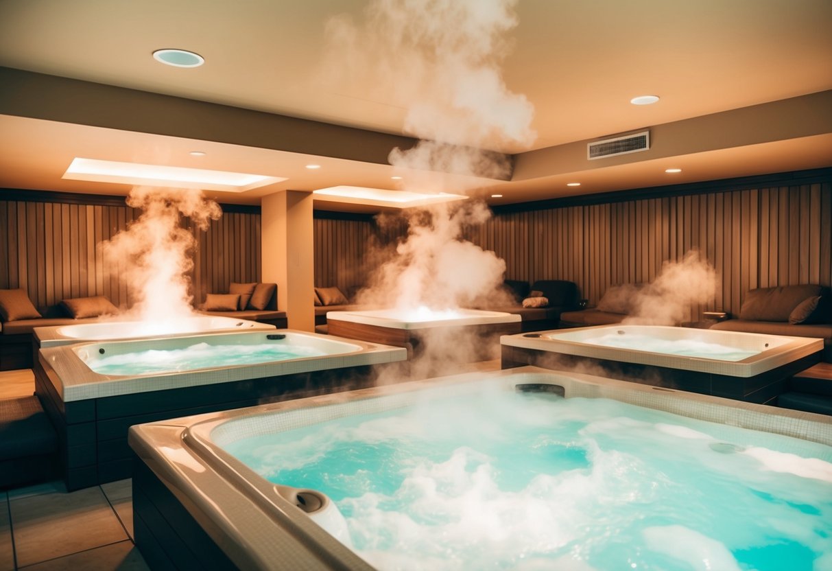 Softly lit spa with bubbling hot tubs, steam rising, and cozy relaxation areas