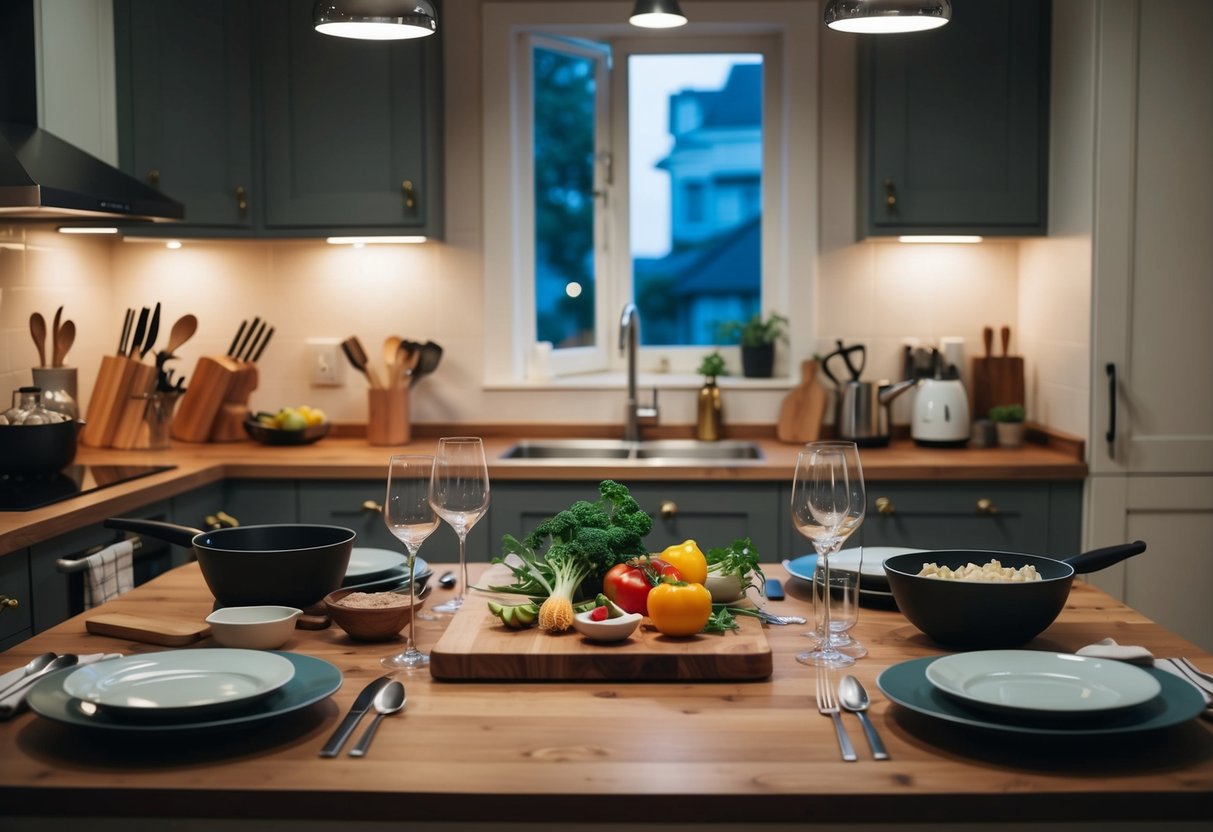 A cozy kitchen with cooking utensils, ingredients, and a chef's table set for a romantic date night