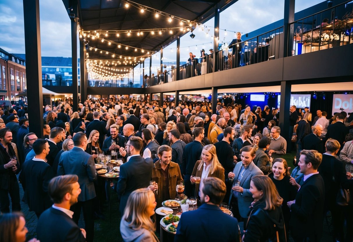 A bustling event at Dokk1, Aarhus. People gathered around, enjoying live music, food, and drinks under the twinkling lights